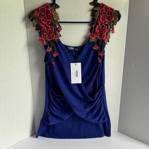YOINS Blue Tank Top with Red Floral Accents